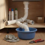Siphon d'évier en plastique démonté sous un meuble de cuisine, bassine posée dessous
