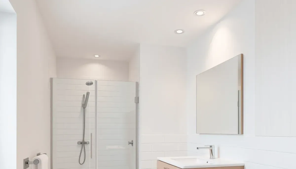 Salle de bain moderne avec douche vitrée, spots encastrés au plafond, miroir et meuble vasque en bois clair